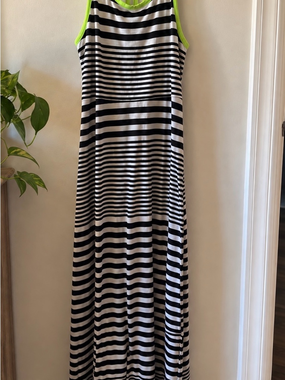 SO Black & White Striped Maxi Dress with Neon Green Trim